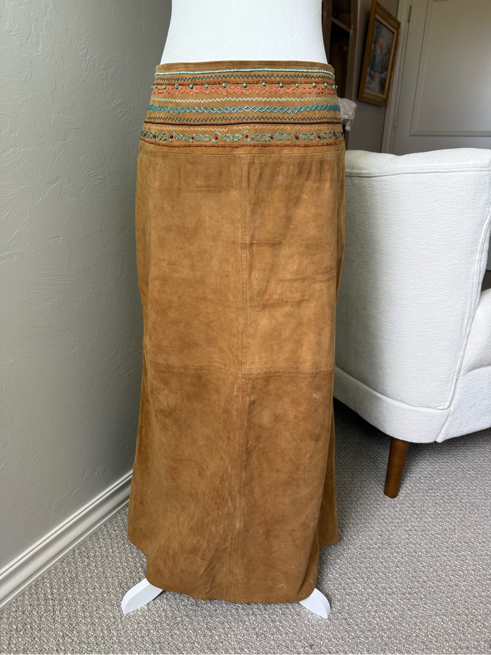 Vintage Y2K Double D Ranch Goat Suede Beaded Western Maxi Skirt M